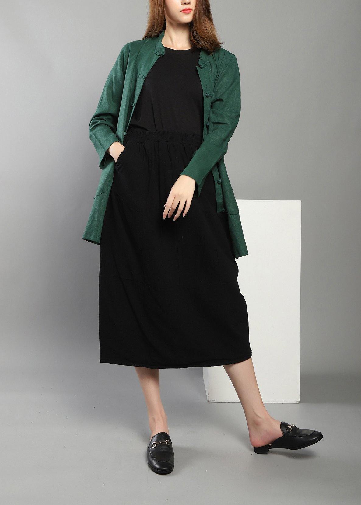 Plus Size Green low high design Chinese Button Spring Shirt Tops - SooLinen