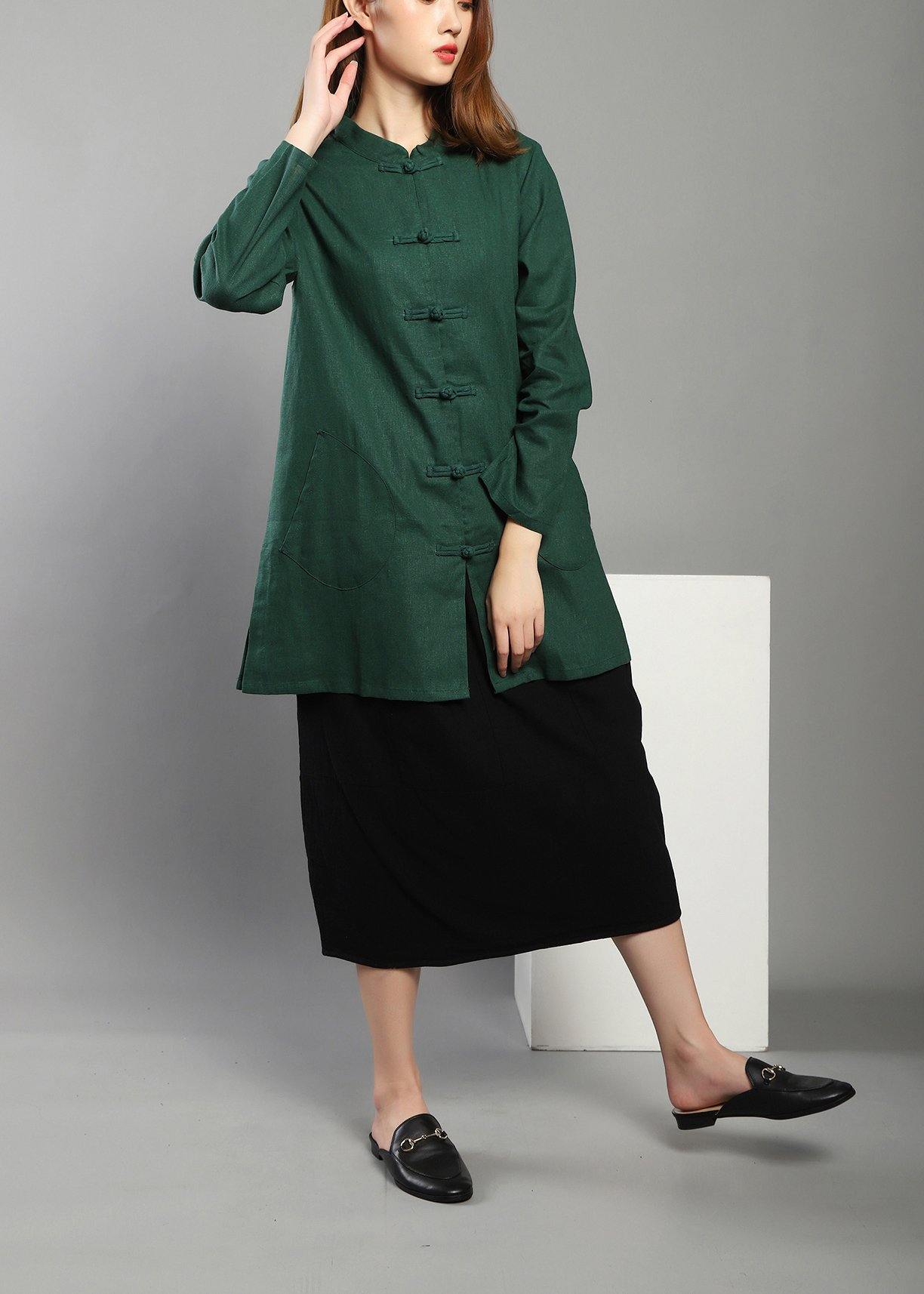 Plus Size Green low high design Chinese Button Spring Shirt Tops - SooLinen