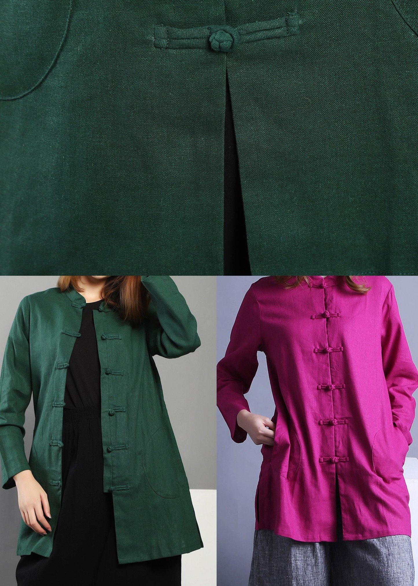 Plus Size Green low high design Chinese Button Spring Shirt Tops - SooLinen