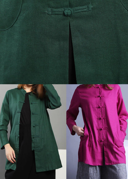 Plus Size Green low high design Chinese Button Spring Shirt Tops - SooLinen