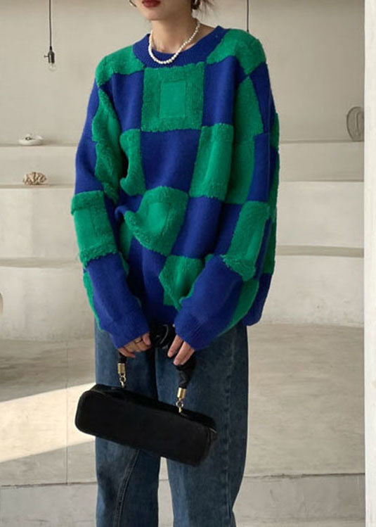 Plus Size Grüner dicker karierter Strickpullover Winter