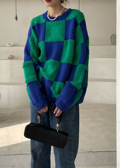 Plus Size Grüner dicker karierter Strickpullover Winter