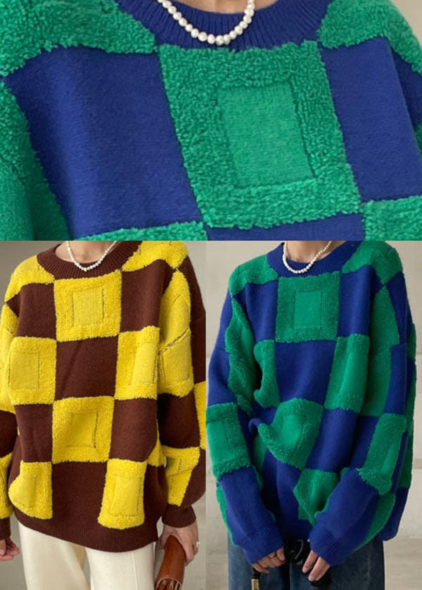 Plus Size Grüner dicker karierter Strickpullover Winter