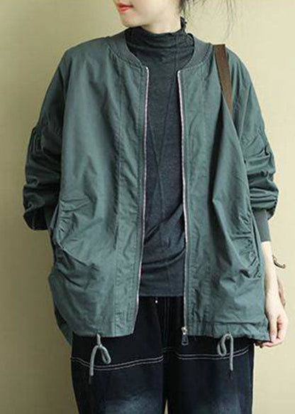 Plus Size Green zippered Pockets low high design Fall Coat Long sleeve