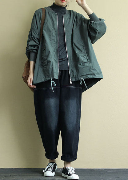 Plus Size Green zippered Pockets low high design Fall Coat Long sleeve