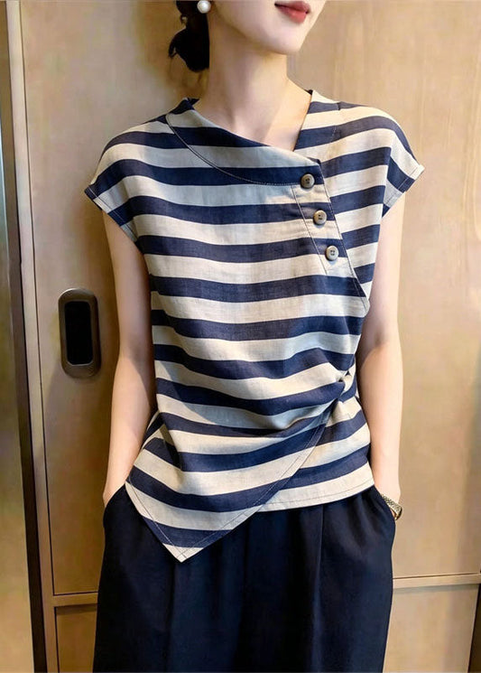 Plus Size Grey Asymmetrical Striped Cotton Top Summer