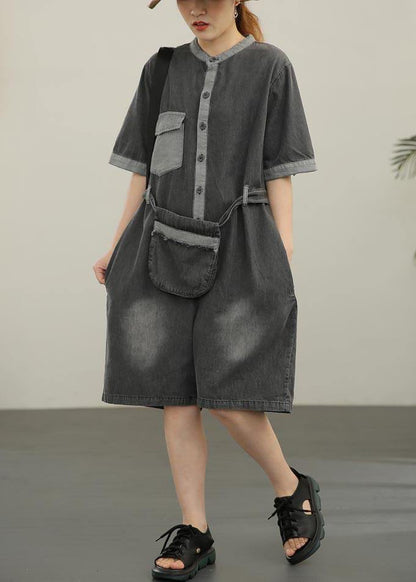 Plus Size Grey Button Casual Summer Outfits shorts - SooLinen