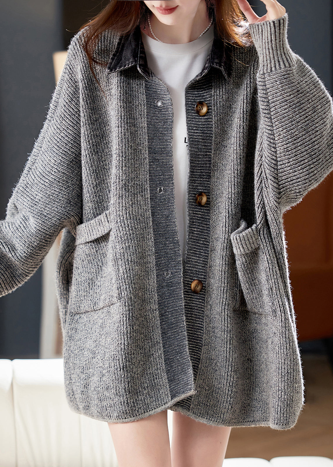 Plus Size Grey Denim Patchwork Pockets Cotton Knit Cardigans Lantern Sleeve