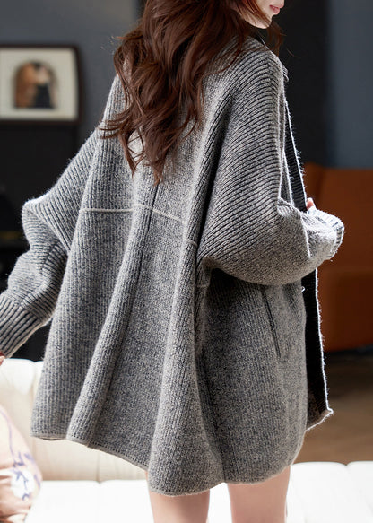 Plus Size Grey Denim Patchwork Pockets Cotton Knit Cardigans Lantern Sleeve