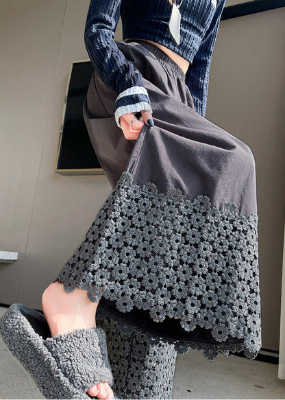 Graue Baumwollhose in Übergröße mit Blumenmuster und weitem Bein, Frühling