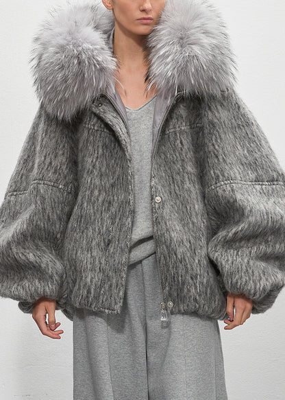Plus Size Grey Fur Collar Zippered Duck Down Puffer Coat Winter