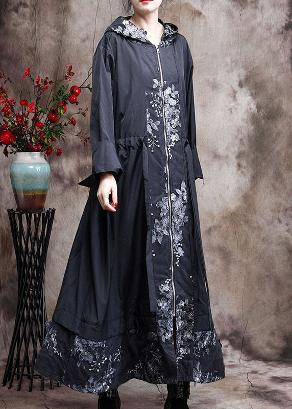 Schwarze Patchwork-Trenchcoats mit Kapuze im Frühling in Übergröße