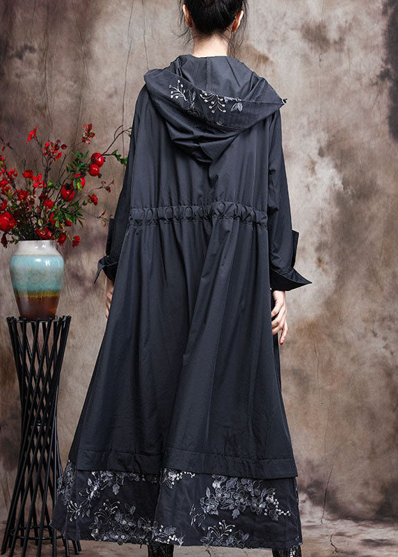 Schwarze Patchwork-Trenchcoats mit Kapuze im Frühling in Übergröße