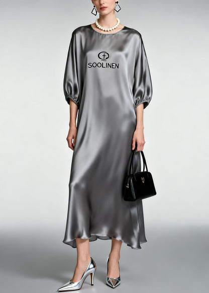 Plus Size Grey O-Neck Print Silk Ankle Dress Half Sleeve