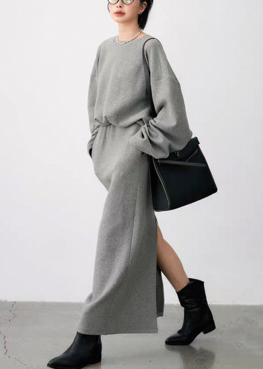 Plus Size Grey O Neck Side Open Sweatshirt And Skirts Cotton Two Pieces Set Fall