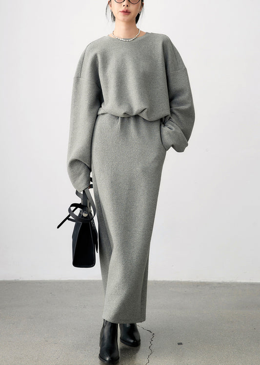 Plus Size Grey O Neck Side Open Sweatshirt And Skirts Cotton Two Pieces Set Fall