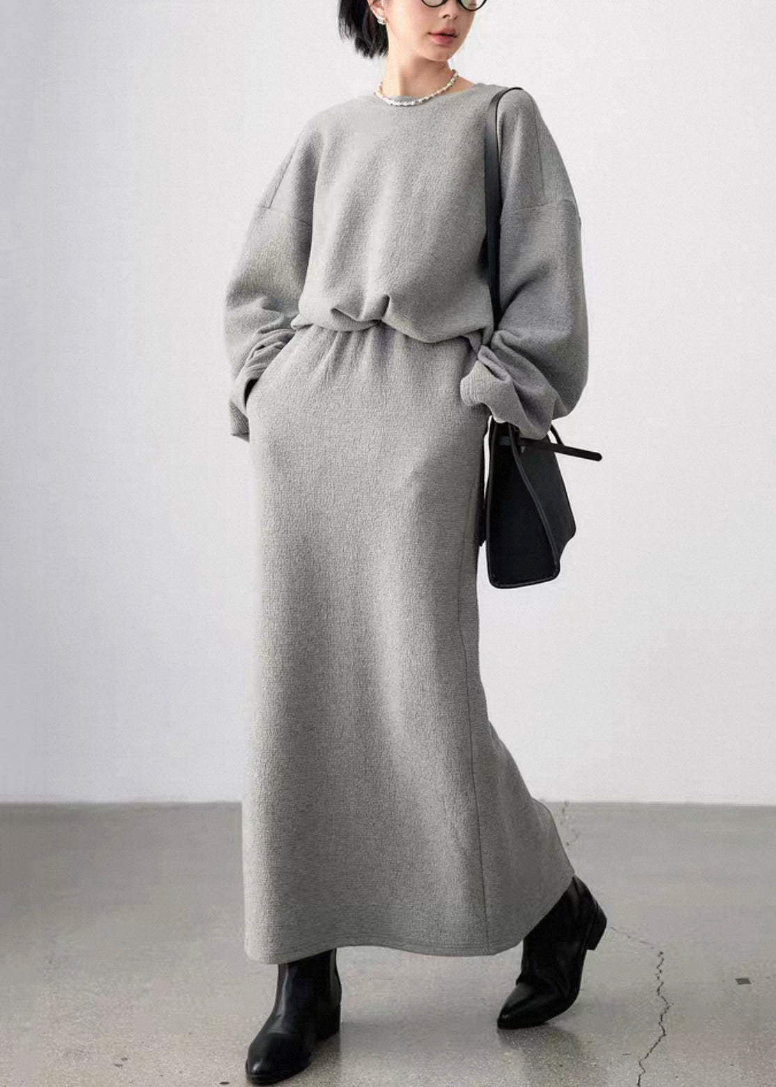 Plus Size Grey O Neck Side Open Sweatshirt And Skirts Cotton Two Pieces Set Fall