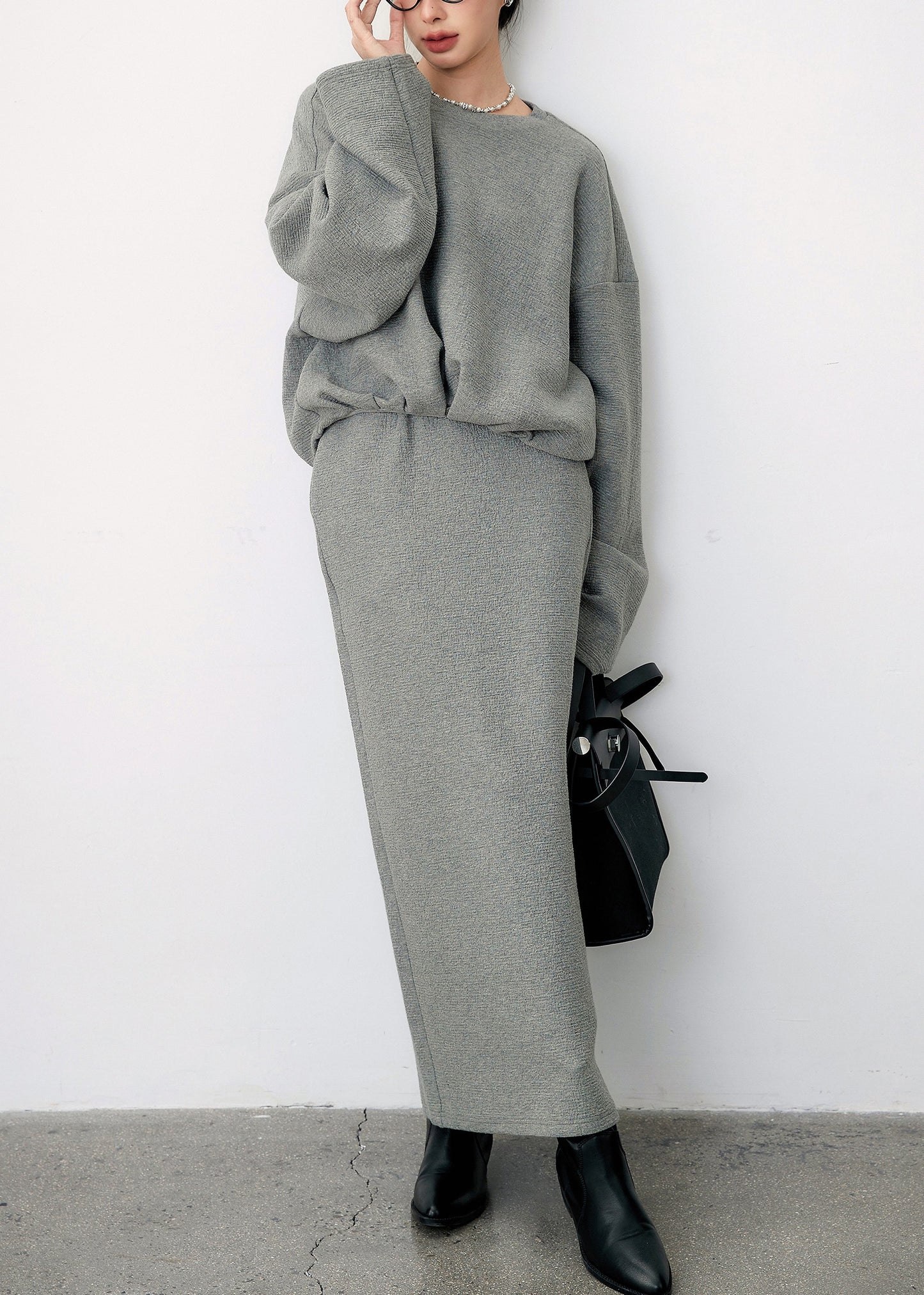 Plus Size Grey O Neck Side Open Sweatshirt And Skirts Cotton Two Pieces Set Fall