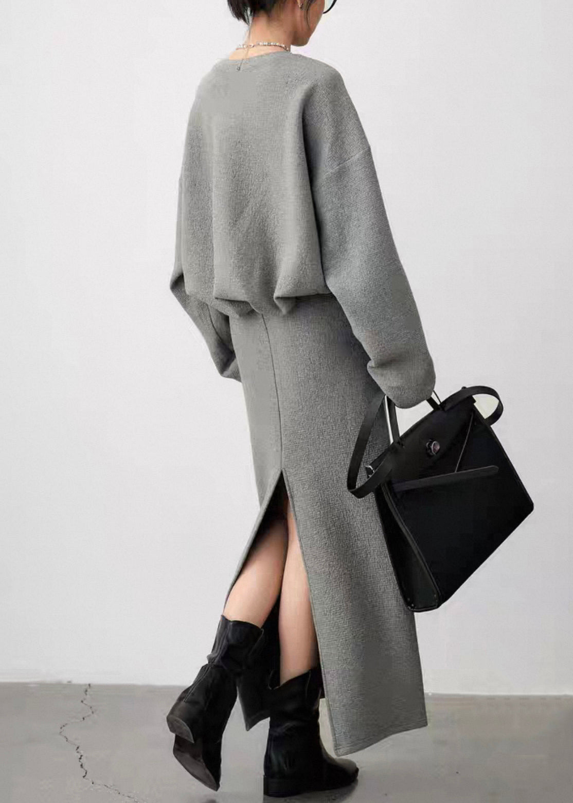 Plus Size Grey O Neck Side Open Sweatshirt And Skirts Cotton Two Pieces Set Fall