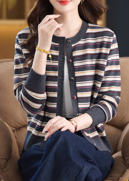 Plus Size Grey O-Neck Striped Knit Cardigans Fall