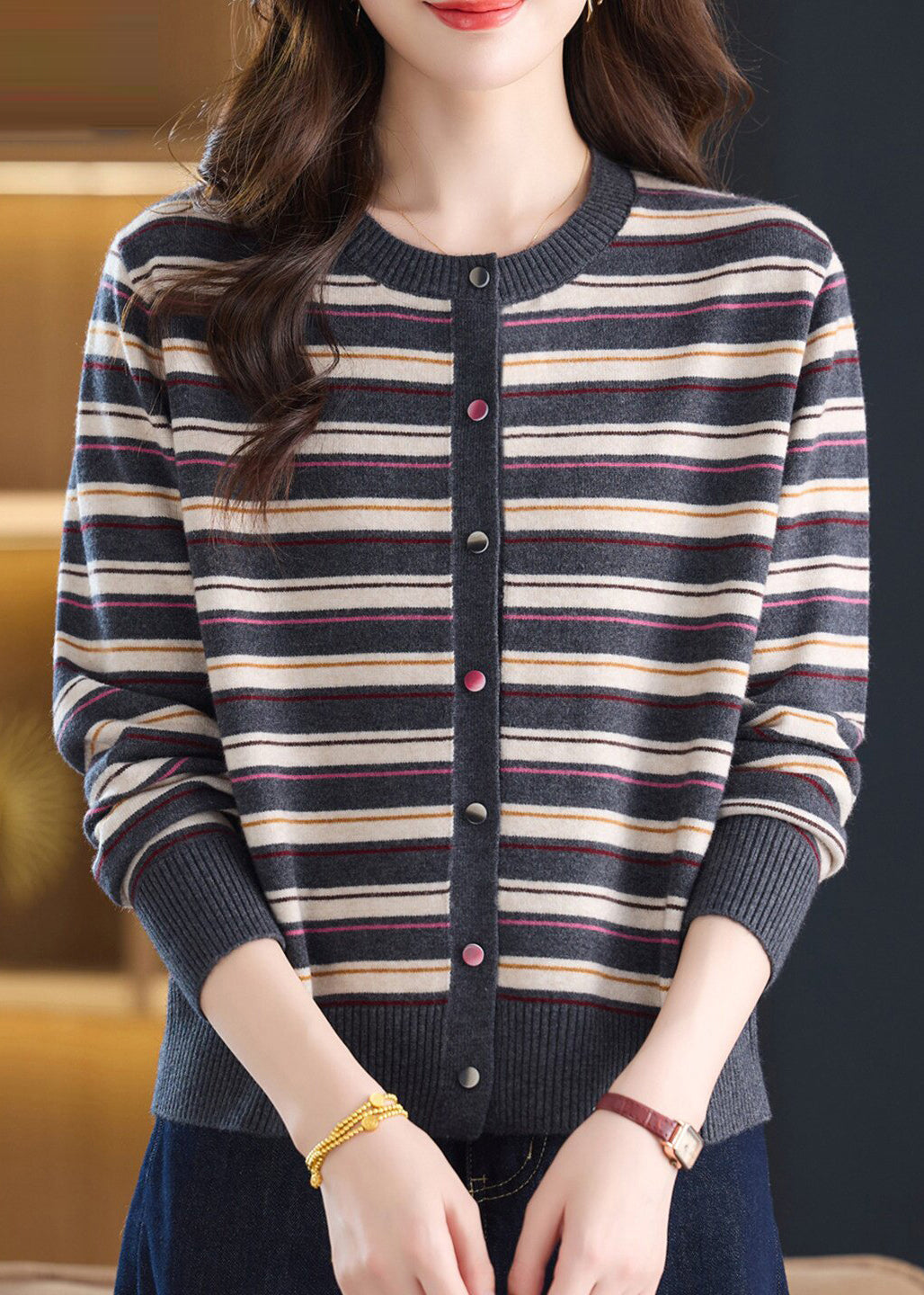 Plus Size Grey O-Neck Striped Knit Cardigans Fall