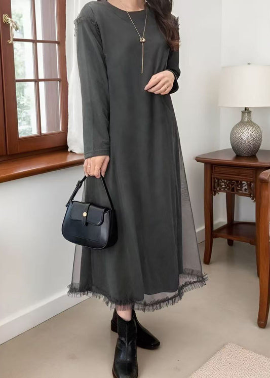 Plus Size Grey Oversized Patchwork Tulle Robe Dresses Spring