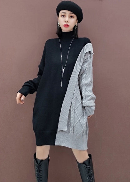 Plus Size Grau Patchwork Lässiges Strickkleid Winter