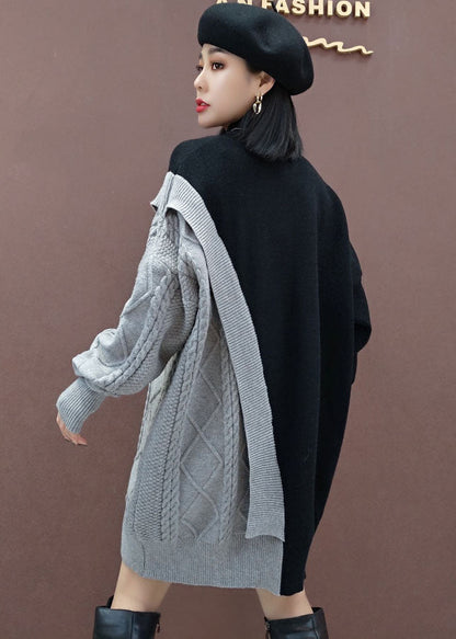 Plus Size Grau Patchwork Lässiges Strickkleid Winter