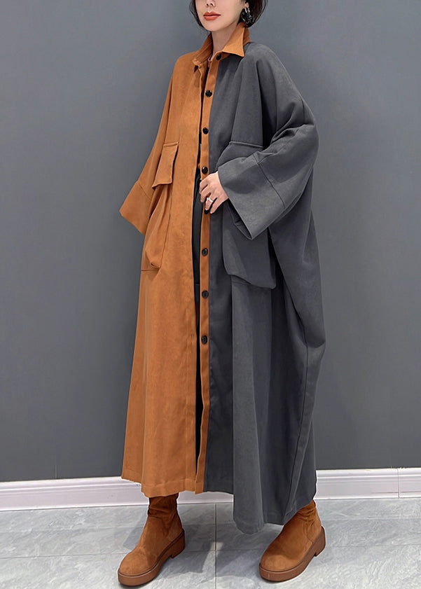 Plus Size Grau Patchwork Orange Peter Pan Knopfkragen Mantel Herbst