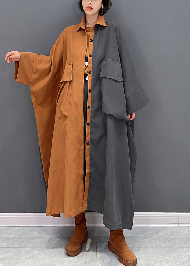 Plus Size Grau Patchwork Orange Peter Pan Knopfkragen Mantel Herbst