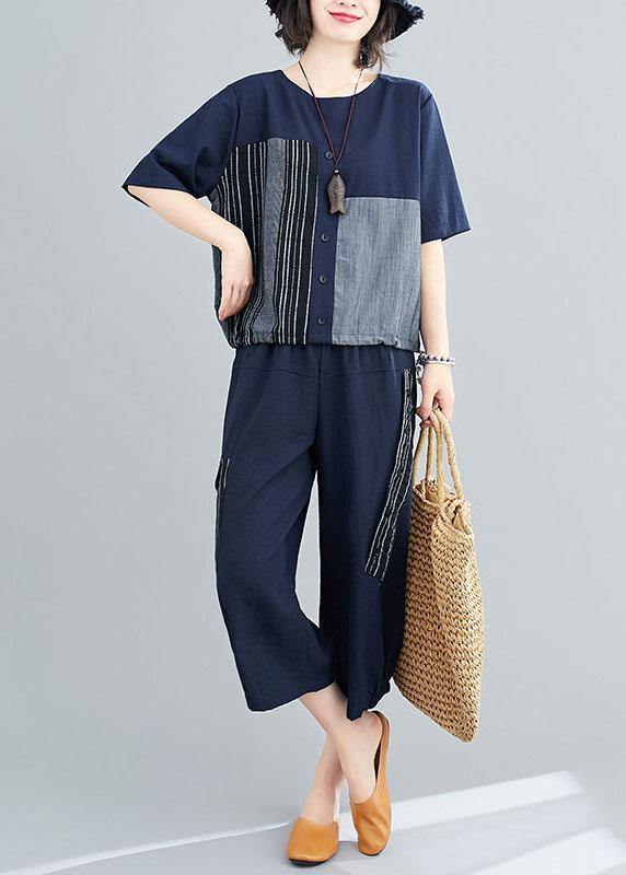 Plus Size Grey Patchwork Print Two Piece Set Women Clothing Summer Linen - SooLinen