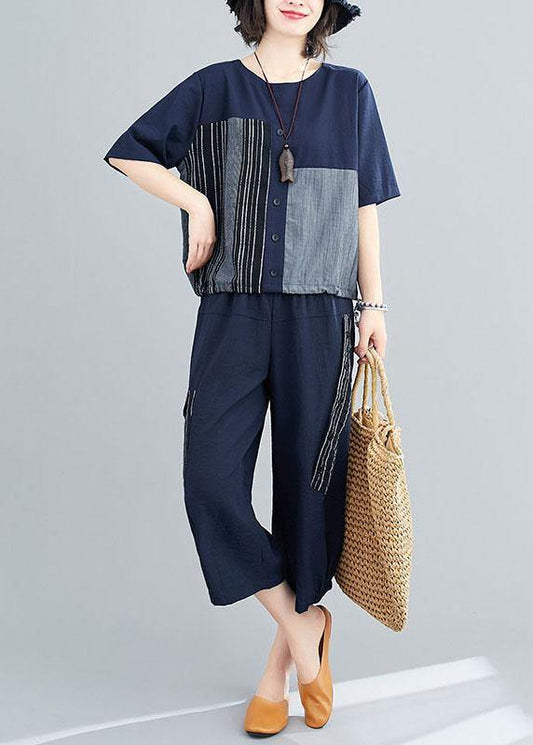 Plus Size Grey Patchwork Print Two Piece Set Women Clothing Summer Linen - SooLinen