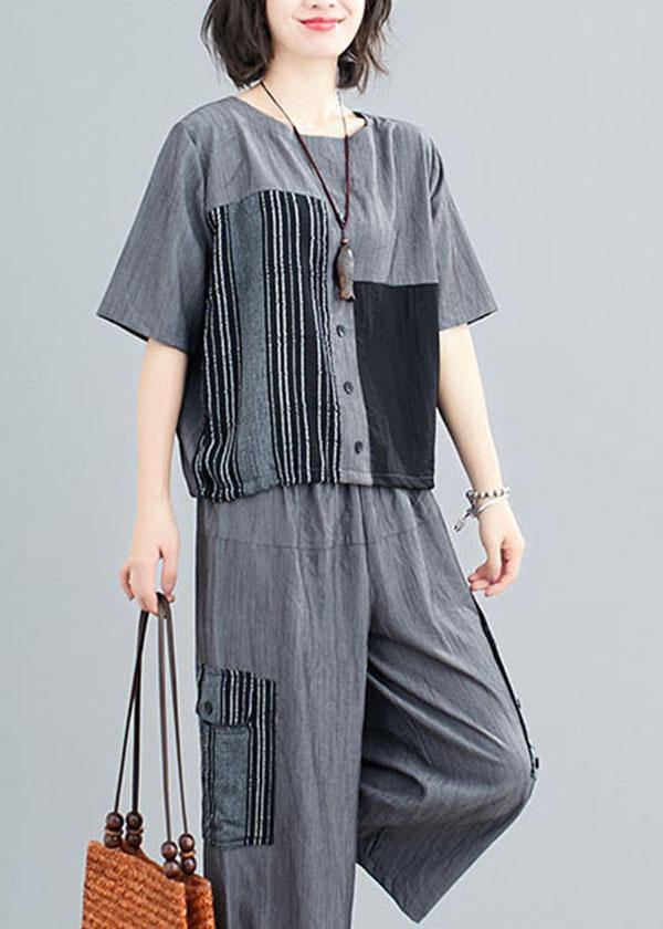 Plus Size Grey Patchwork Print Two Piece Set Women Clothing Summer Linen - SooLinen