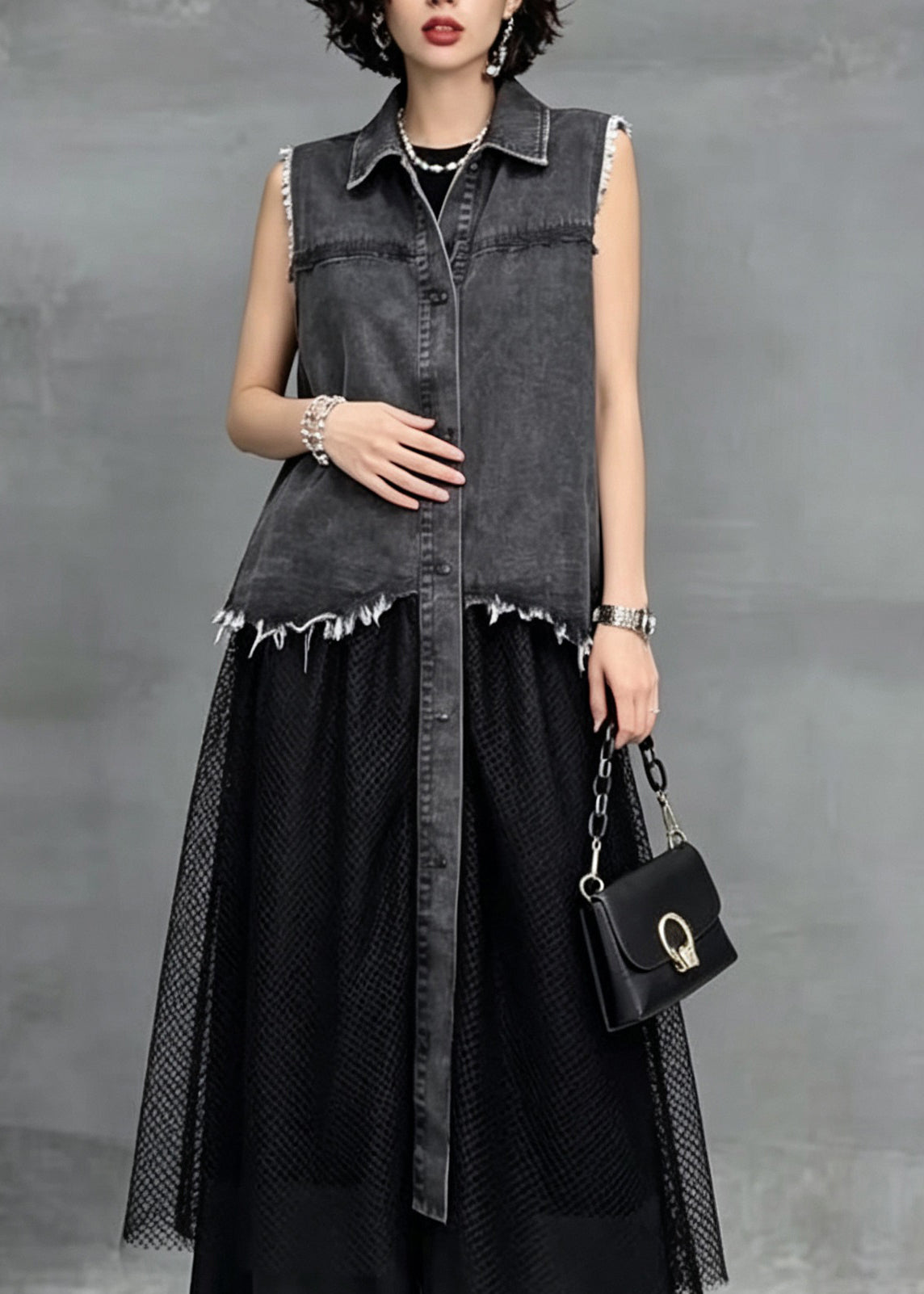 Plus Size Grey Peter Pan Collar Patchwork Denim Long Dress Sleeveless