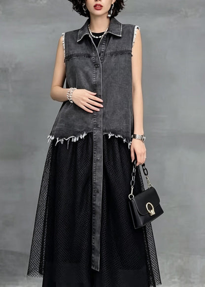 Plus Size Grey Peter Pan Collar Patchwork Denim Long Dress Sleeveless