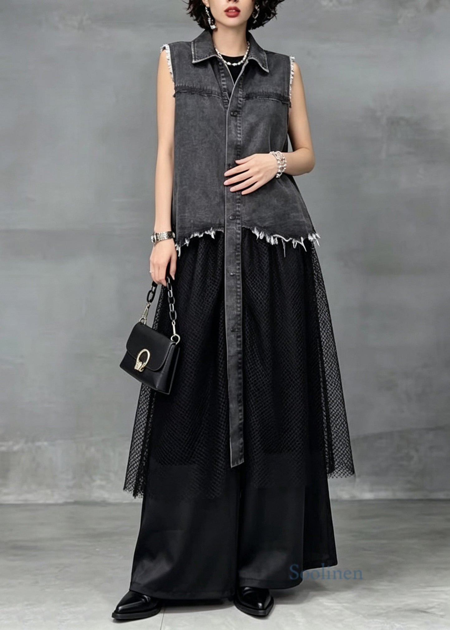 Plus Size Grey Peter Pan Collar Patchwork Denim Long Dress Sleeveless