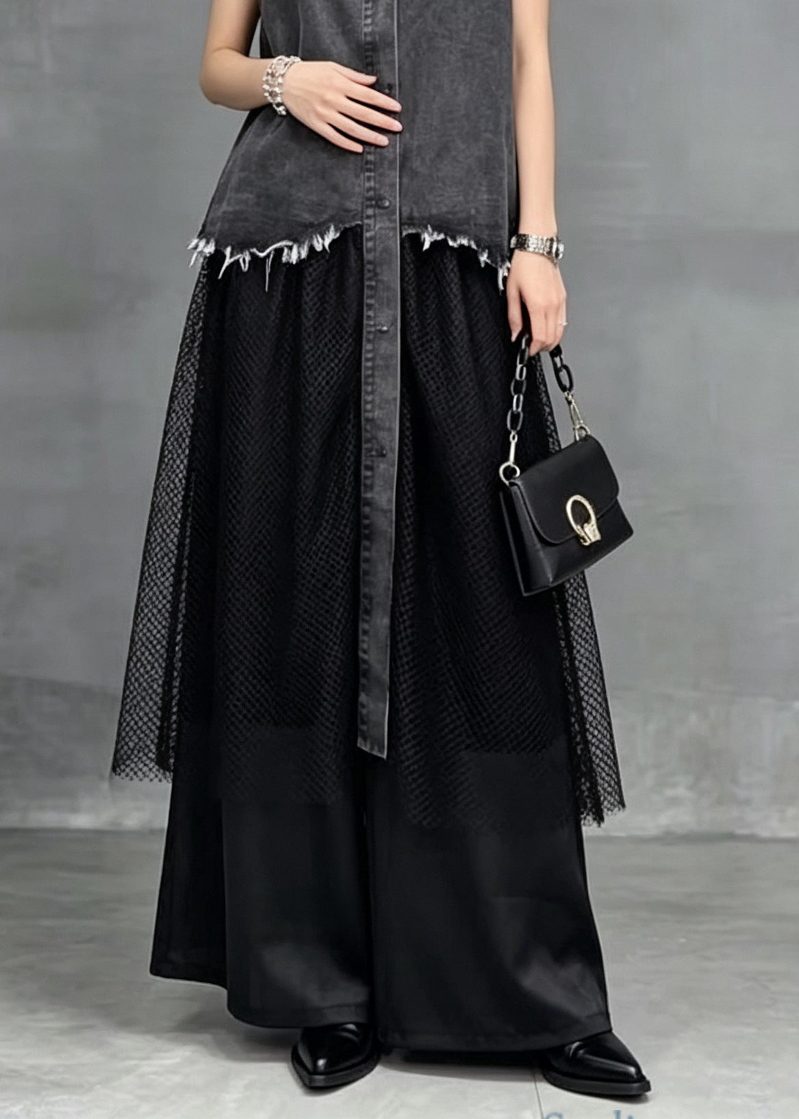 Plus Size Grey Peter Pan Collar Patchwork Denim Long Dress Sleeveless