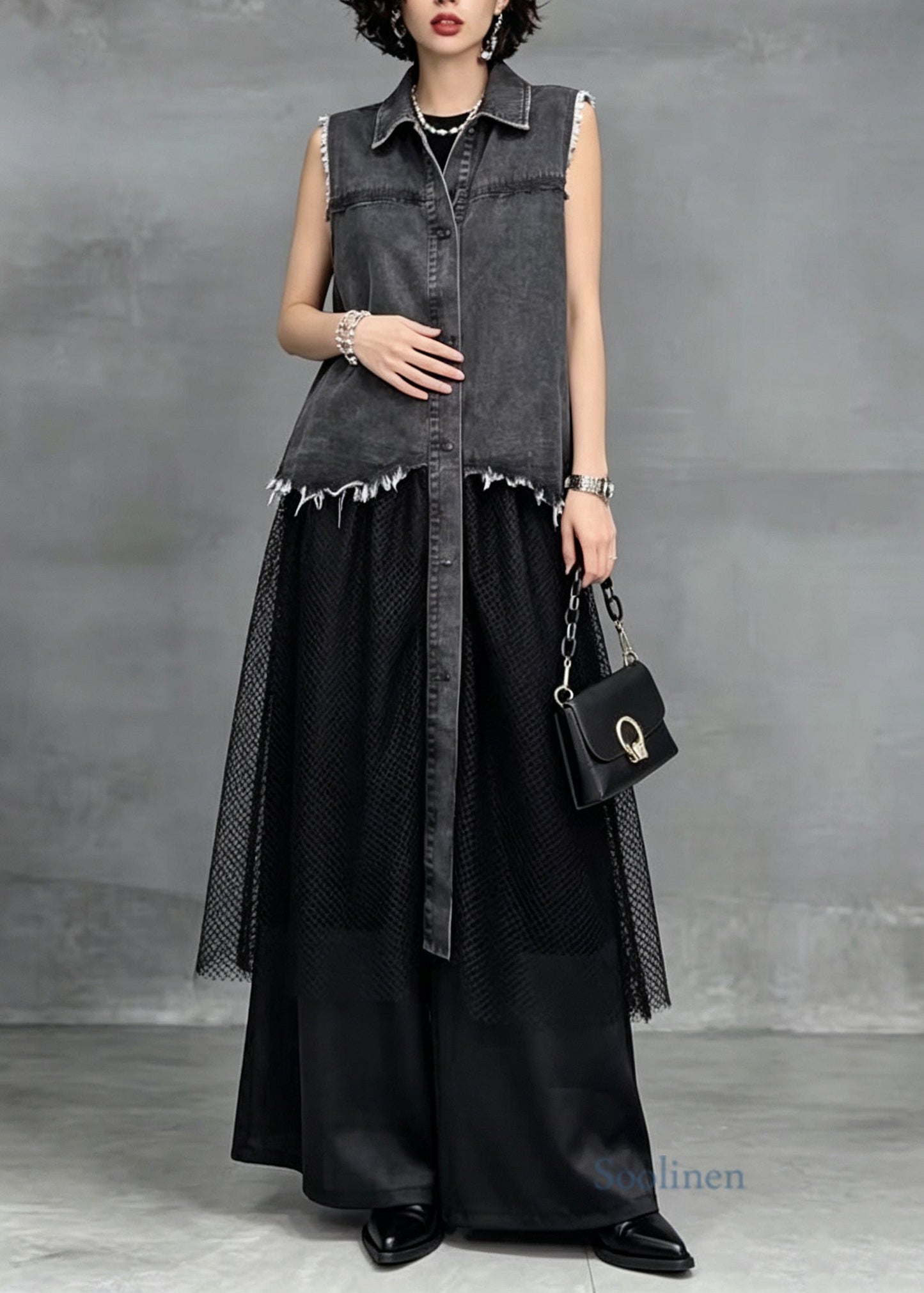 Plus Size Grey Peter Pan Collar Patchwork Denim Long Dress Sleeveless