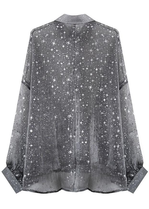 Plus Size Grey Print Peter Pan Collar Button Blouse Top - SooLinen