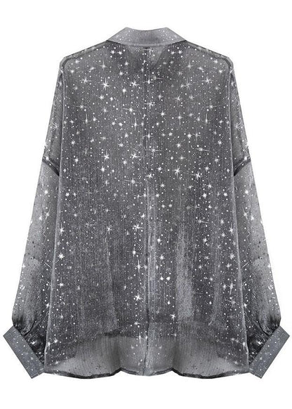 Plus Size Grey Print Peter Pan Collar Button Blouse Top - SooLinen