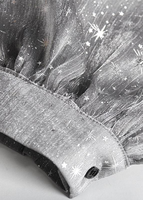 Plus Size Grey Print Peter Pan Collar Button Blouse Top - SooLinen