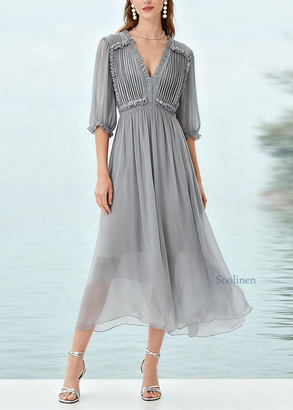 Plus Size Grey Ruffled Patchwork Chiffon Long Dress Summer