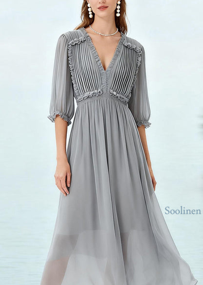 Plus Size Grey Ruffled Patchwork Chiffon Long Dress Summer