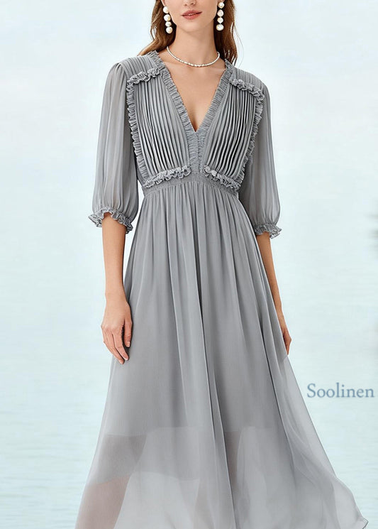 Plus Size Grey Ruffled Patchwork Chiffon Long Dress Summer