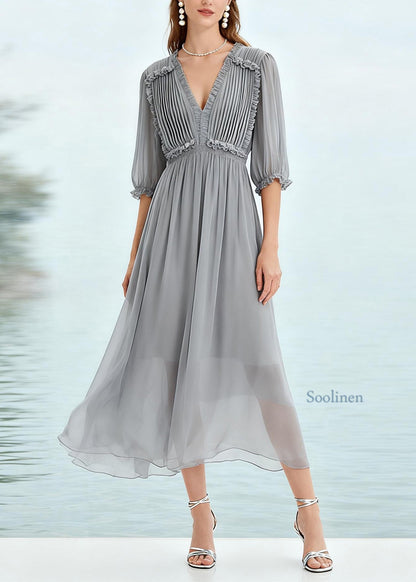 Plus Size Grey Ruffled Patchwork Chiffon Long Dress Summer