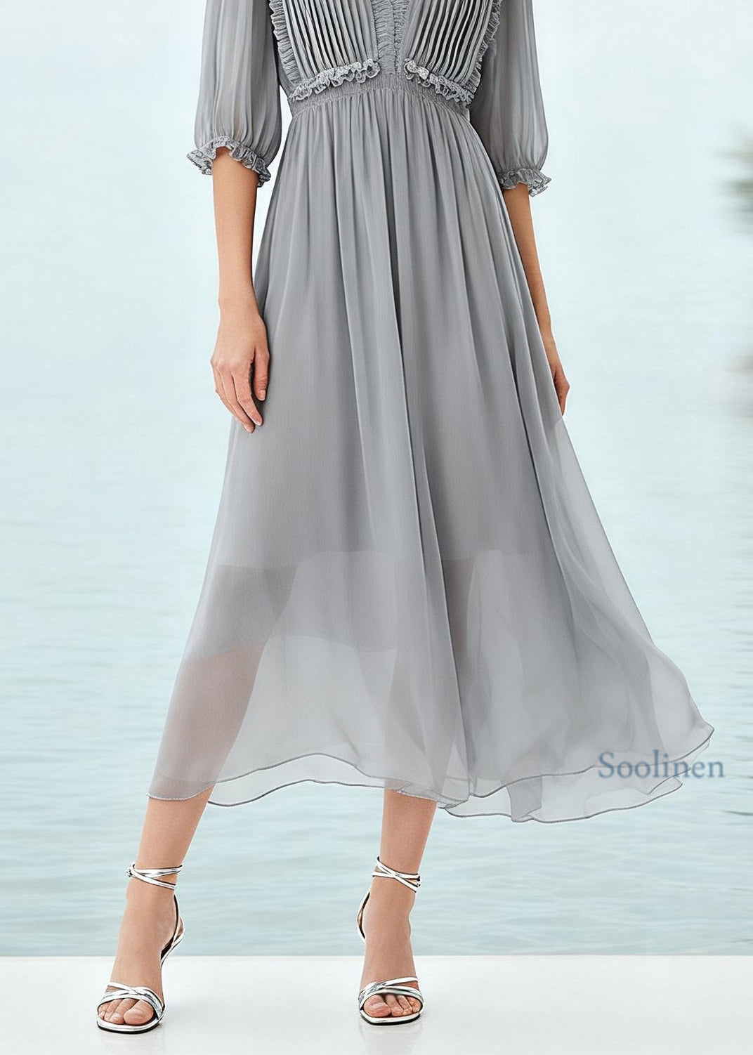 Plus Size Grey Ruffled Patchwork Chiffon Long Dress Summer