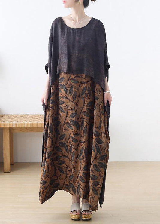 Plus Size Grey Silk blended Patchwork Print Holiday Dress Summer - SooLinen