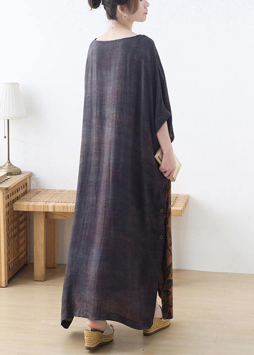 Plus Size Grey Silk blended Patchwork Print Holiday Dress Summer - SooLinen