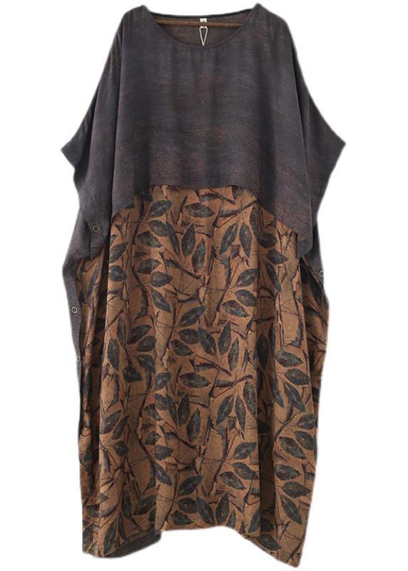 Plus Size Grey Silk blended Patchwork Print Holiday Dress Summer - SooLinen