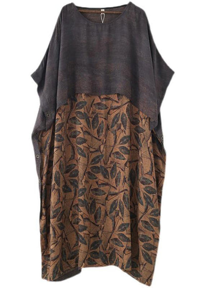 Plus Size Grey Silk blended Patchwork Print Holiday Dress Summer - SooLinen